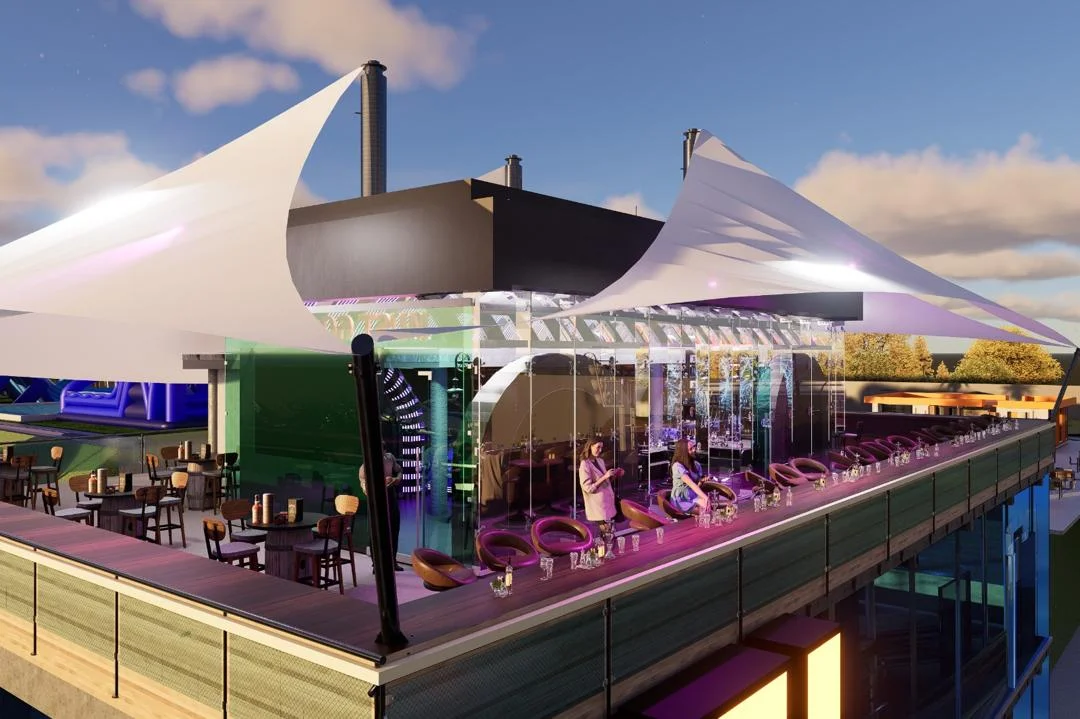 Visualización conceptual de la terraza de la discoteca con cubierta tensada